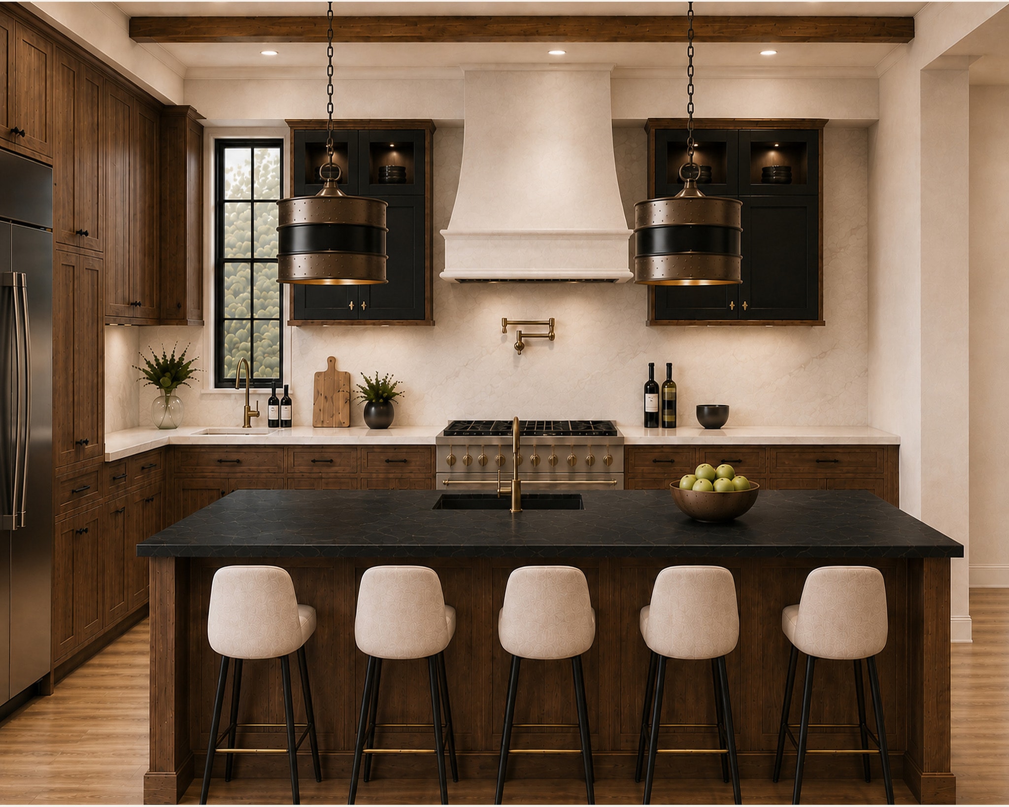 Chef's kitchen with quartzite counters and professional appliances